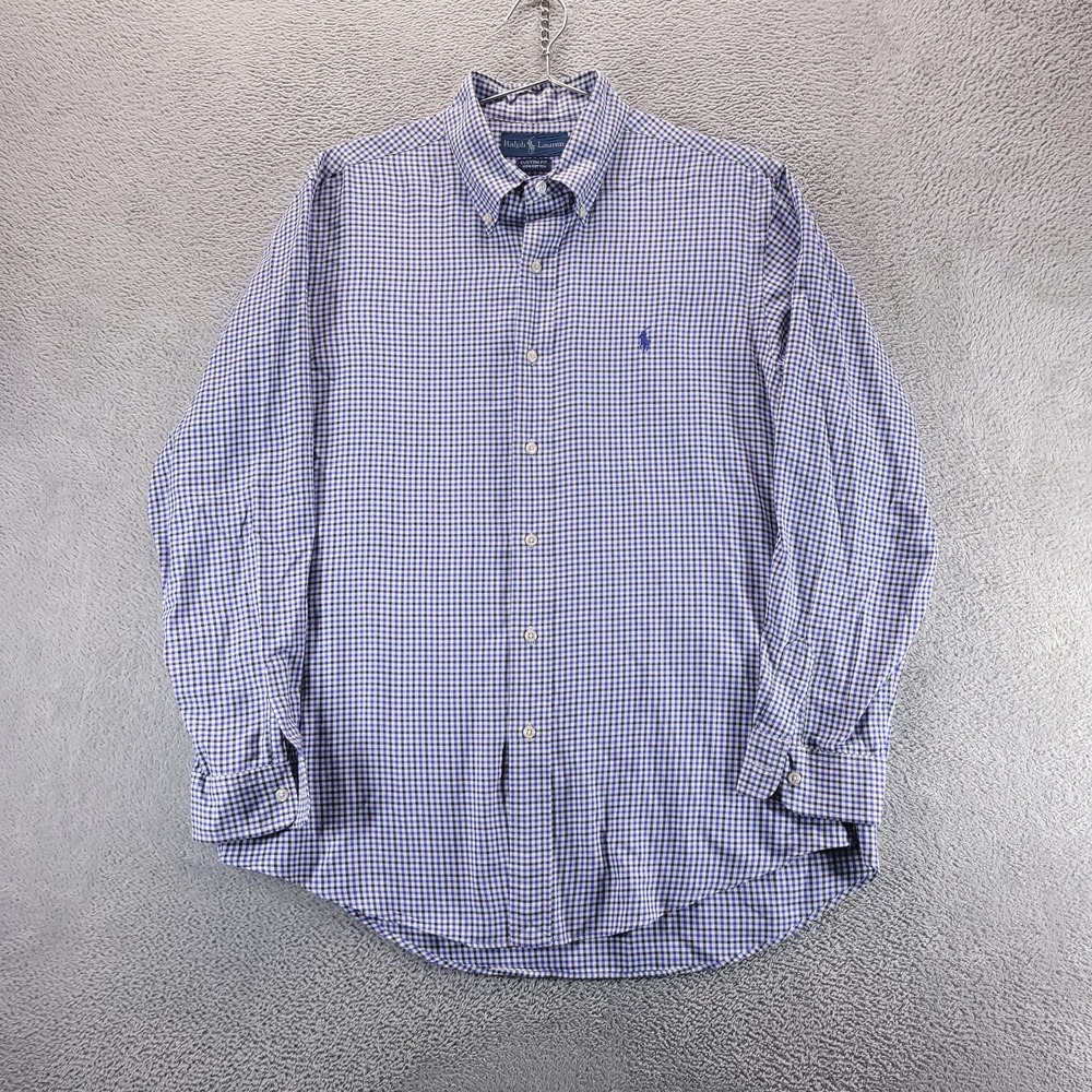 Ralph Lauren Shirt Mens L Blue Check Oxford Custom Fit Button Down 44349